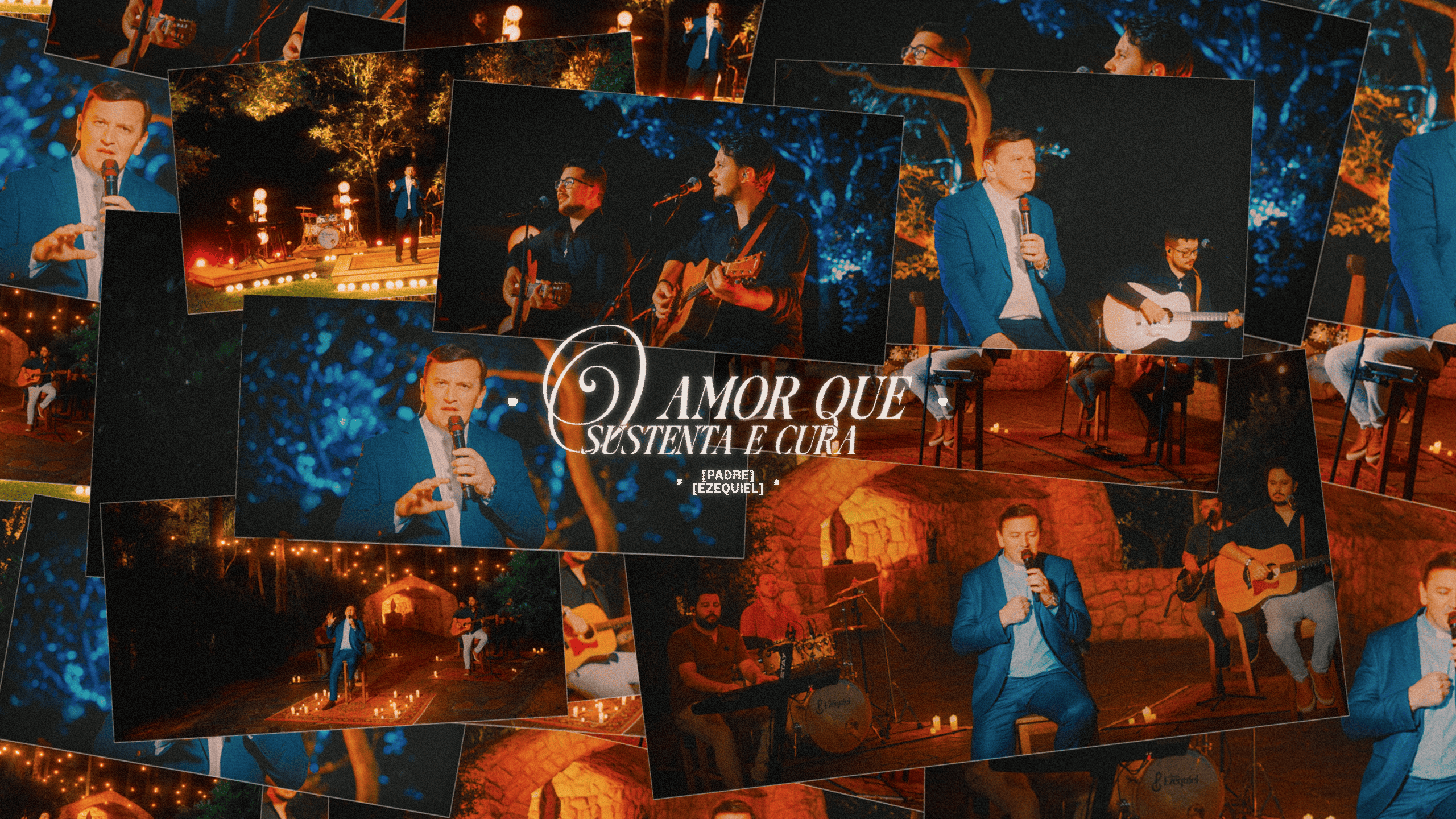 Arte oficial do DVD O Amor que Sustenta e Cura, com imagens do Padre Ezequiel e dos músicos no palco